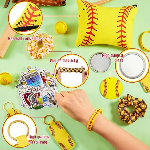 260 Pcs Softball Party Favors Set Include Softball Gifts Bag Softball Bracelet Keychain Softball Stickers Hair Ties Round Softball Compact Mirror for Softball Birthday Decorations Sports Team in Saudi Arabia