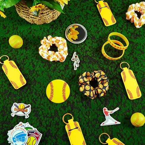 260 Pcs Softball Party Favors Set Include Softball Gifts Bag Softball Bracelet Keychain Softball Stickers Hair Ties Round Softball Compact Mirror for Softball Birthday Decorations Sports Team in Saudi Arabia