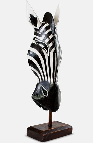 G6 Collection 19" Wooden Tribal Zebra Mask with Stand Hand Carved Home Decor Accent Sculpture Decoration Handmade Handcrafted Mask Stand Alone in Saudi Arabia