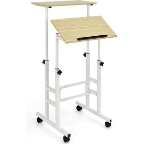 MEDIMALL 2-Tier Adjustable Standing Desk, Mobile Sit Stand Desk with Metal Frame, Office Laptop Cart on Wheels, Rolling Computer Workstation for Standing & Sitting (Natural)