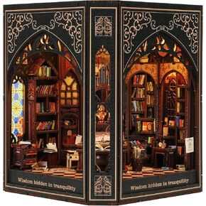 Book Nook Kit – 3D Wooden Puzzle Miniature Dollhouse, DIY Craft for Teens and Adults, Vintage Design with LED Lights and Touch Switch（Classical Library）