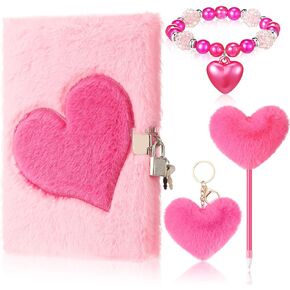 تشمل مجموعات هدايا مذكرات inbagi 4 PCS Plush Pink Girls Journal مع قفل ومفتاح ، سلاسل مفاتيح قلب رقيقة ، بوم بوم ، أساور مطرز للطلاب عودة إلى أصدقاء المدرسة in Kuwait