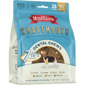 The Missing Link Smartmouth Vet Developed Dental Chew Treats, 7-in-1 Benefits: Healthy Teeth & Gums, Breath, Skin, Joints, Digestion, Heart, Immune System – Small/Medium 15-50lb Dogs, 28 Ct