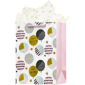 OFIHANLY 12.6" Medium Happy Birthday Gift Bag with Handles for Women Mom Girls Baby Kids Pink Paper Gift Wrap Bags for Her with Tissue Paper,1Pcs