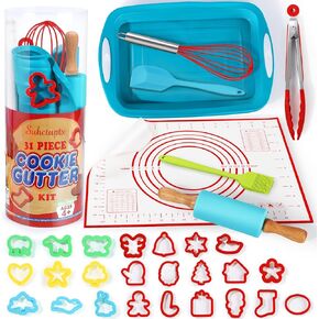 Kids Cooking & Baking Sets Real, Toddler Kitchen Toys, 24 Assorted Cookie Cutters - with Rolling Pin, Silicone Baking Pan, and Non-Stick Baking Mat for Kids Girls Boys Ages 4+