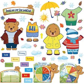86 Pcs Weather Bulletin Board Set for Classroom 12 x 8 Inch Bear Dress Weather Chart Seasonal Bulletin Board Cutout Decorations for School Preschool Homeschool Wall Decor