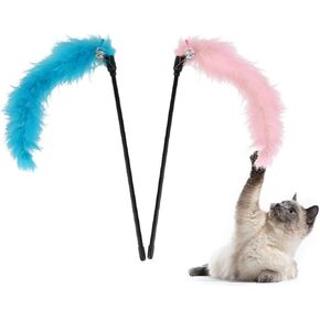 Hypeety Interactive Cat Toys Feather Wand Teaser Cat Wand Feather Rod with Bells for Indoor Cat Kitten Fun Interactive Toys 2pcs (Random Color)
