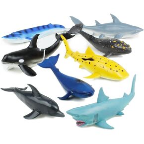 Boley Great Sea Creatures 8-Pack: 7-10" Soft Plastic Ocean Animal Figurines - Realistic Shark, Whale, Dolphin Toys - Educational & Sensory Playset for Kids, Party Favors, Classroom Supplies