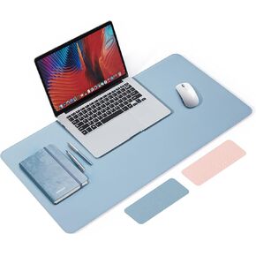 RENMTURE Double Thickened Leather Mouse Pad, Large Desk Mat, Big Felt Mouse mat, Desktop Accessories, Waterproof Insulation Office Home Desktop Decoration (Light Blue/Sakura Pink, 32"x16")