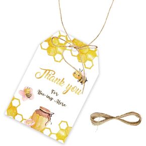 50pcs Bee Thank You Tags, Bee Gift Tag with String for Gender Reveal Party, Oh Babee Thank You Paper Tags for Bee Themed 1st Birthday/Honey Bridal Shower Party Favors