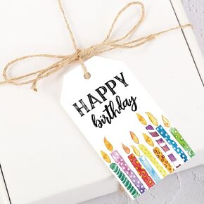 Whaline 100Pcs Happy Birthday Paper Gift Tags Watercolor Candles Favor Tags Rainbow Birthday Hanging Labels with Hemp Rope for Birthday Baby Shower Party Supplies