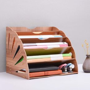 File Folder Holder Wood Organizer 5 Compartment, File Sorter Wood Buckle Design Desktop Fan-Shaped Mail Letter Document Magazine File Assembly Divider DIY Office Tabletop Storage Box (Brown)