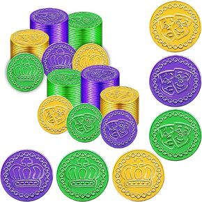 100 قطعة من عملات Mardi Gras البلاستيكية ، Asstd Gold Green Green Purple Multicolor Coins لماردي غرا ، سانت باتريكز يوم موكب كرنفال حفلة