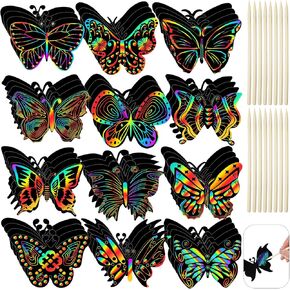 Deekin 72 PCS Butterfly Scratch Cards Paper Rainbow Scratch Butterfly Craft Art Kits Party Favors with 36 PCS Bamboo Stylus لألعاب الفصول الدراسية DIY Home Home ، 12 Styles