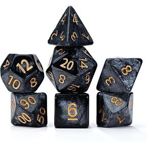 Gate Keeper Games and Dice: Mercurial Dice: Black Hole - 7pc RPG Set, Deep Shimmering Black Resin & Gold Numerals, Resin Dice for Role Playing Games