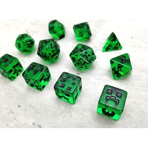 Polyhedral Pixel Green DND Dice Set for Dungeons and Dragons, Tabletop RPG, 8 Pieces