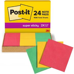Post-it Super Sticky Notes 3x3 in, 24 Pads/Pack, 70 Sheets/Pad, Workshop Kit, Red, Yellow, Green (654-24SSANSIOC)