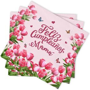 Lofaris Kids Party Napkins - 50PCS Pink Tulip Theme "Happy Birthday Mom" Party Napkins, 6.5x6.5 Inches, Birthday Party Decorations for Women and Moms