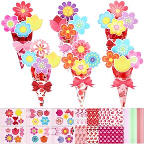 48 Pcs Valentine's Day Flower Bouquet Craft Kit Valentine DIY Make Your Own Flower Bouquet for Kids Fun Activities School Classroom Home Valentine's Day Gift
