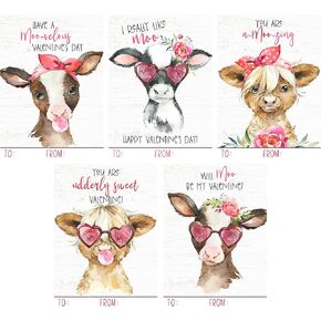 Silly Goose Gifts Darling Watercolor Cow Calf Farm Themed Valentines Day Card for Kids School Classroom Exchange (Set of 25) Farmhouse Country Highland