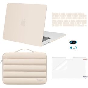 MOSISO Compatible with MacBook Air 15 inch Case 2025 2024 2023 Release M3 A3114 M2 A2941 Touch ID, Plastic Hard Shell Case&Puffy Sleeve Bag&Keyboard Cover&Webcam Cover&Screen Protector, Sand