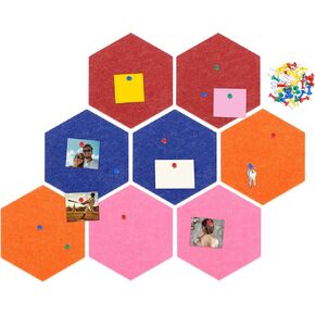 uxcell 8 Pcs Hexagon Felt Pin Board with 40 Pcs Pushpins 8.7" x 7.5" Self Adhesive Felt Bulletin Board Cork Boards for Walls Paste Notes Photos Schedules, Black/Light Camel/Light Blue/Red