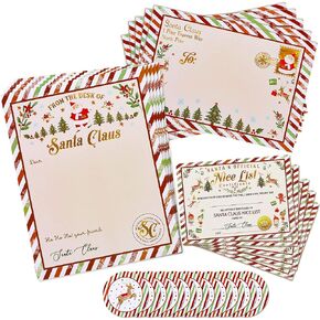 AnyDesign Christmas Official Letters Certificate from Santa Claus Set Include 5Pcs Red Green Stripes Writing Letter, 5Pcs Nice List Certificate, 5 Envelopes and 10 Stickers for Family Party Favors