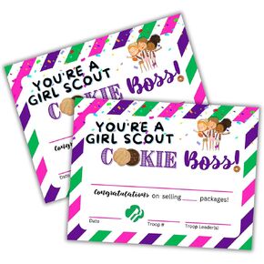Girl Cookie Selling Boss Certificate | 50 pk 8.5x11" Striped Achievement Hitting Scout Sales Goal Boxes of Cookies Troop Leader