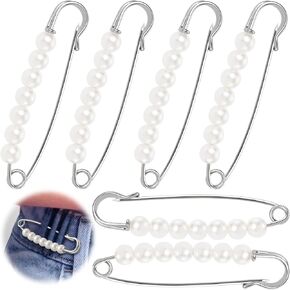 Joez Wonderful 6 Pcs Safety Pins for Clothes, Pearl Brooches Shawl Clips for Women, Pants Extender Waist Tightener, Decorative Safety Pins for Shirt Hijab Hat Sweater Cardigan Bag