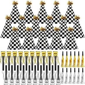 48 Race Car Birthday Party Hats Race Car Party Supplies Include Black White Checkered Cone Hats Gold Noise Makers