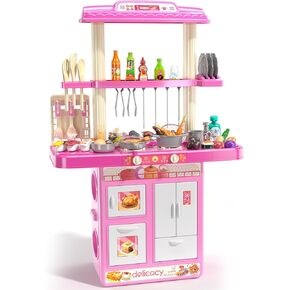 TEMI Kitchen Playset |Play Kitchen with 60Pcs Toy Accessories Set, Real Sounds and Light | Pretend Play Set for 3+ Year Old Kids, Girls & Boys