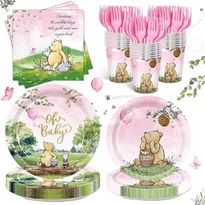120pcs Winnie Baby Shower Decoration Girls Pooh Plates Napkins Paper Plates Cups Disposable Forks Party Tableware Set for Newborn Baby Shower Decoration Serve 24 Guests