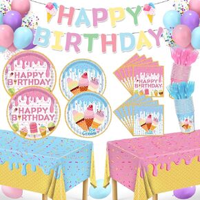 Ice Cream Party Decorations, 144Pcs Ice Cream Birthday Party Supplies-Serves 24 with Ice Cream Plates and Napkins Tablecloth and Birthday Banner Balloons for Ice Cream Theme Birthday Decorations