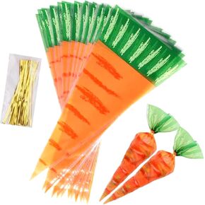 Carrot Shaped Treat Bags,100Pcs 7.9x16In Easter Cone Cellophane Gift Bags Easter Plastic Triangle Cello Bags Orange Carrot Bags for Treat with Twist Ties for Cookies Candy Party Favor Supplies
