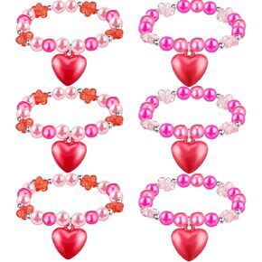 6 PCS Valentine's Day Girls Beaded Bracelets Cute Chunky Bubblegum Bracelets Heart Pendant Crystal Beaded Bracelet for Birthday Photo Props Costume Party Favors, Pink and Red