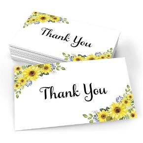 321Done 3x5 Sunflower Thank You Note Cards, White, Made in USA - Perfect for Gift Insert, Small Business, Event, Wedding, Shower, Party, Award or Any Occasion - Blank on Back, Pack of 50