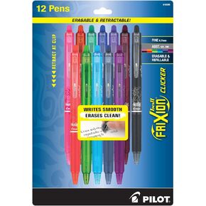 Pilot Frixion Clicker Erasable Gel Pen, Fine, 0.7 mm, Assorted Ink Colors, 12-Pack