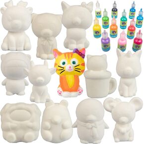SCS Direct DIY Jumbo Animal Squishies 3.5" -6" (12pc) & Fabric Paint (12 Bottles) Combo Pack- White Kawaii Slow Rising Squishy Toys for Drawing, Painting, Decorating - Scented Stress Relief Craft