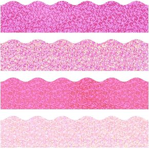 60 Pcs Pink Holographic Bulletin Board Borders Laser Gradient Pink Self-Adhesive Border Trim Scalloped Border Sticker Decals for Home Classroom Party Wall