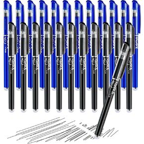 24pcs Erasable Gel Pens, 12 Black &12 Blue Rollerball Pens with Erasers, Fine Point 0.35mm, Make Mistakes Disappear, Black & Blue Ink Ballpoint Pens for Drawing Writing Planner School Supplies