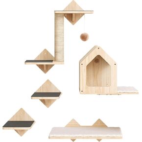 رفوف جدار القطط الخشبية هوبرو ، مجموعة من 5 أثاث قط ، أثاث مركب على الحائط ، أرفف تسلق القطط مع منزل القط ، خطوات القط ، منشور الخدش ، جثم ، قوي ومضاد للانزلاق ، NL43CS03 الطبيعي in Kuwait