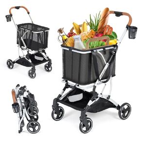 Beberoad Lightweight Shopping Cart with Detachable Shopping Bag, Foldable Shopping Cart Portable Grocery Cart for Elderly, One-Step Parking Brake