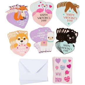 36 Pack Cute Heart Shaped Animal Valentine's Day Cards with Envelopes and Stickers, 6 Assorted Designs, 3.25 x 4.5 Inch, Kids Blank Notecards for Classroom Exchange Gift