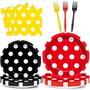 96 Pcs Mouse Color Paper Plates and Napkins Red Black Yellow Polka Dot Tableware Set Cartoon Dessert Disposable Dinnerware for Boys Girls 24 Guests Party Supplies