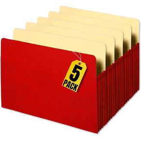 1InTheOffice File Jackets, File Pockets Expandable, 3.5" Expansion, Letter Size, Reinforced Straight-Cut Tab, Gusset, Red, 5 Pack