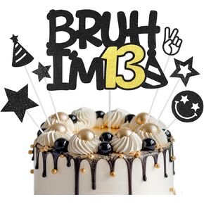 Bruh I'm 12 Cake Topper, Black Gold Happy 12th Birthday Cake Topper for Boys Girls, 12 Years Old Birthday Party Glitter Cake Decorations, Cake Decor Supplies