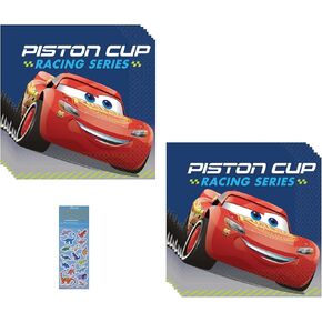 Disney Cars Birthday Party Supplies Bundle Pack includes 32 Dessert Cake Paper Napkins and 1 Dinosaur Sticker Sheet