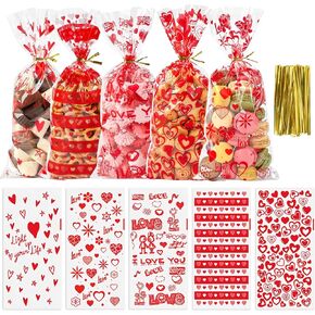Mauproy 100pcs عيد الحب الحقائب ، 5 أنماط عيد الحب أكياس حلوى السيلوفان ، حقائب الهدايا Red Goodie Bags بشكل كبير مع 110pcs twist ties for Valentines Day Party Forms Supplies Supplies