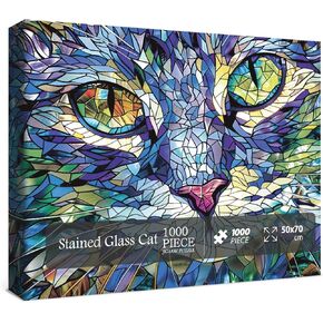 Stained Glass Puzzles Cat Puzzle 1000 Piece for Adults, Colorful Animal Puzzles 1000 Pieces Funny Kitty Jigsaw Puzzle, Cute Cats Puzzle as Decor