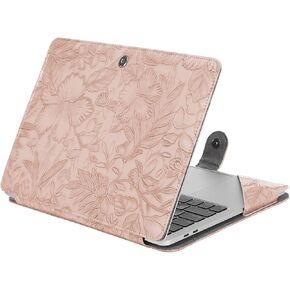 MOSISO Case Compatible with MacBook Air 13 inch M3 A3113 M2 A2681 M1 A2337 A2179 A1932/Pro 13 inch M2 M1 2024-2016, Embossed Retro Hibiscus PU Leather Portfolio Protective Stand Cover, Pink